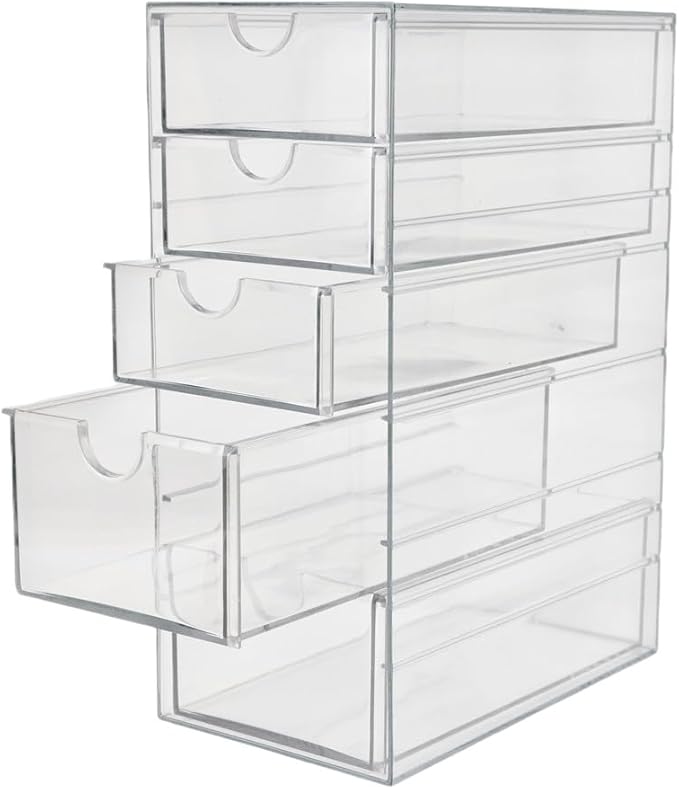 Plastic Drawer Storage with 5 Different Sizes Drawers, Clear Light Gray Hair Accessories Organizer, Transparent Dresser Bathroom Organizer