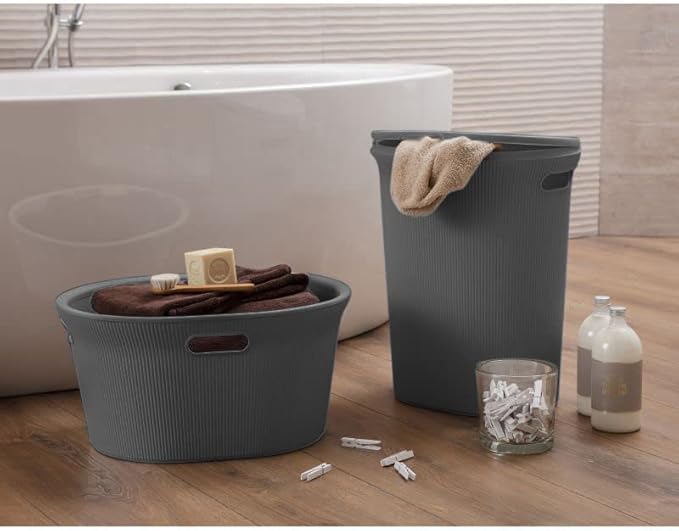 Superio Ribbed Collection - Decorative Plastic Laundry Basket & Laundry Hamper with Lid and Cut-Out Handles, Grey (Set of 2) Organzier for Bedroom Bathroom College Dorm Room