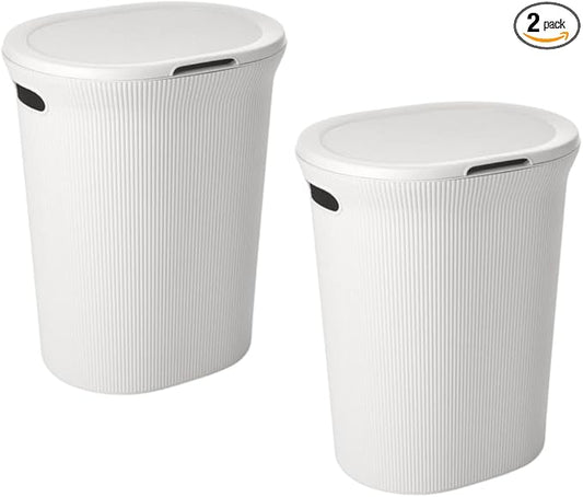 Superio Ribbed Collection - Decorative Plastic Laundry Hamper with Lid and Cut-Out Handles, White (2 Pack) Basket Organzier for Bedroom Bathroom College Dorm Room 40 Liter