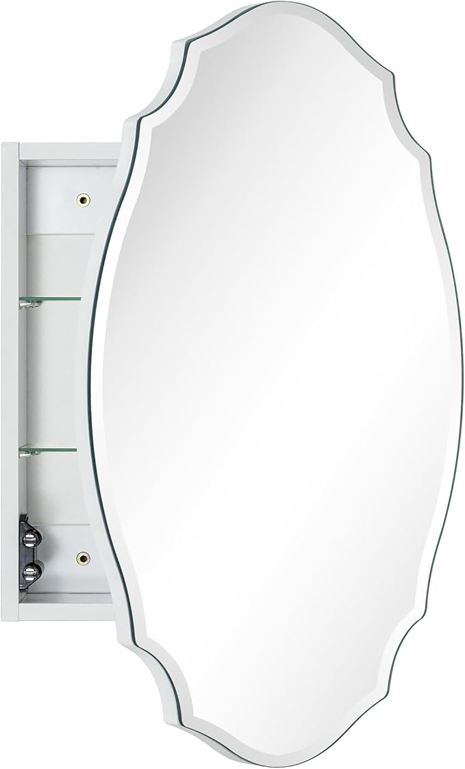 TOMACE Frameless Assymetrical Oval Medicine Cabinet with Beveled Mirror Irregular Surface Bathroom Medicine Cabinet Mirror with Storage for Bathroom 19'' H x 24'' W