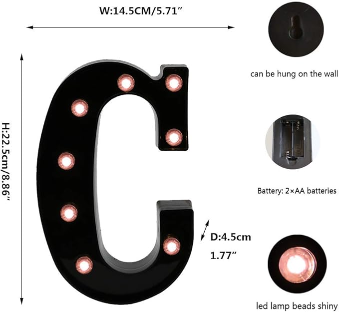 OYCBUZO Light Up Black Alphabet Marquee Letters Sign LED Marquee Number Lights Sign for Night Light Home Bar Christmas Lamp Birthday Wedding Party Decoration C