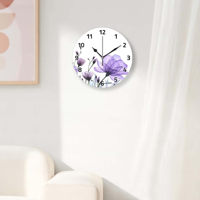 Battery Operated Wall Clocks 12 Inch,Purple Flowers,Silent Home Decor for Bathroom,Living Room,Bedroom