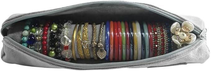Bracelet Bangle Watch Roll Travel Pouch Jewelry Organizer, Black Gray Velvet Portable Zipper Pouch with Removable Roll Insert for Standard Size 12.5" W x 2.8" Diameter. (All Gray)