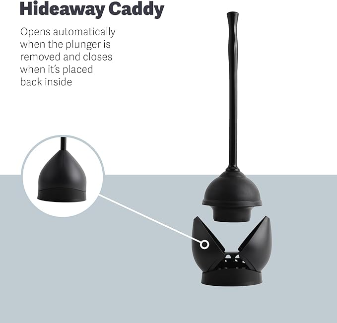 Casabella Toilet Plunger and Hideaway Caddy Combo for Bathrooms, 2-Piece Heavy-Duty Toilet Plunger and Holder Set, Black