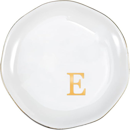 ProCase Ceramic Jewelry Tray, Initial Ring Dish Trinket Plate Engagement Gift, Small Personalized Monogram Ring Bowl for Wedding, White Decorative Jewelry Holder for Women Vanity -Letter E
