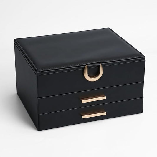 Large Jewelry Organizer Box with Mirror - Features Ring Rolls, Necklace Hooks, Earring Slots, Plush Interior for Luxury Protection Black