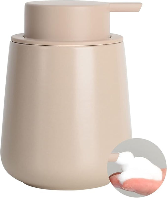 BosilunLife Foam Hand Soap Dispenser - 12 oz Bathroom Lotion Pump for Kitchen and Hand Wash - Khaki Ceramic Dish Liquid Dispenser