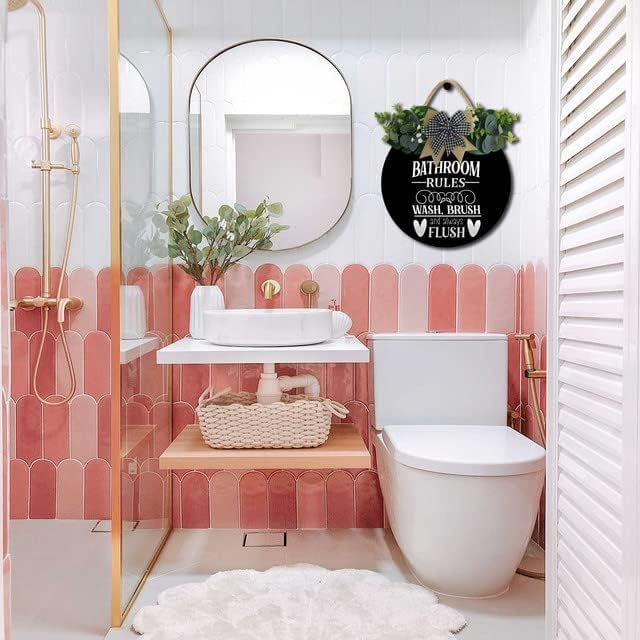 Farmhouse Bathroom Decor,Bathroom Rules Sign,Rustic Round Wooden Wreath Sign,Funny Bathroom Decor Wall Art For All The Seasons