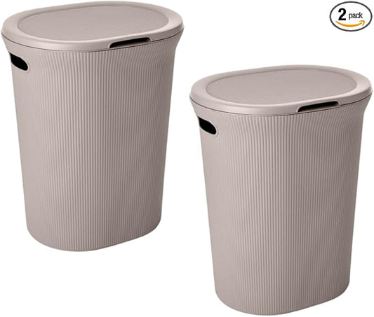 Superio Ribbed Collection - Decorative Plastic Laundry Hamper with Lid and Cut-Out Handles, Taupe (2 Pack) Basket Organzier for Bedroom Bathroom College Dorm Room 40 Liter
