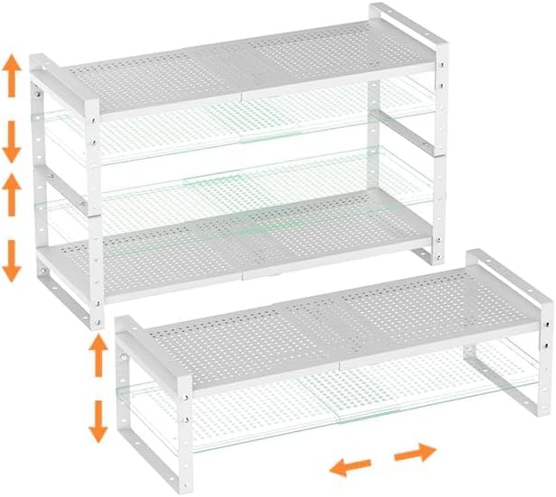 Multi-Functional Metal Shoe Rack,Expandable Adjustable Stackable Kitchen Organizer,Metal Shelf risers for cabinets, Kitchens and Closet, Bathroom(3Packs/White/Large)