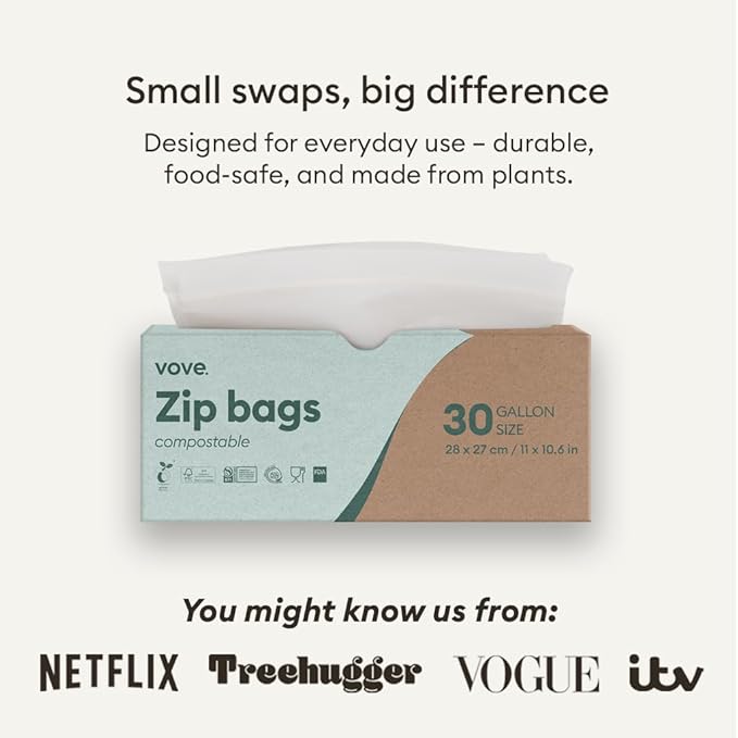 Vove Compostable Storage Bag Bundle, 140 Count Multi-Size S/M/L/XL – Freezer Safe, Resealable, Non Toxic Bags for Food, Meal Prep & Snacks, Plastic-Free Eco Bags