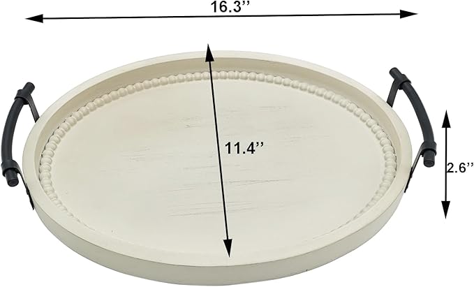 Oval Rustic Wooden Decorative Tray, Serving Tray with Metal Handles, Ottoman Coffee Table Tray, Farmhouse Centerpiece for Kitchen or Living Room (White)
