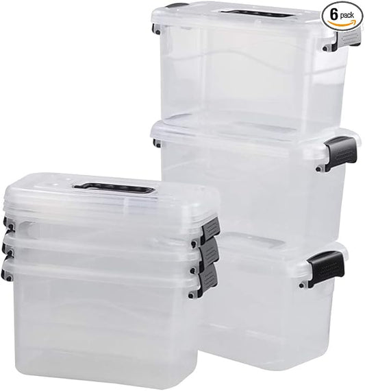 5 L Plastic Storage Bin with Lid, Clear Transparent Box With Black Handles Set of 6