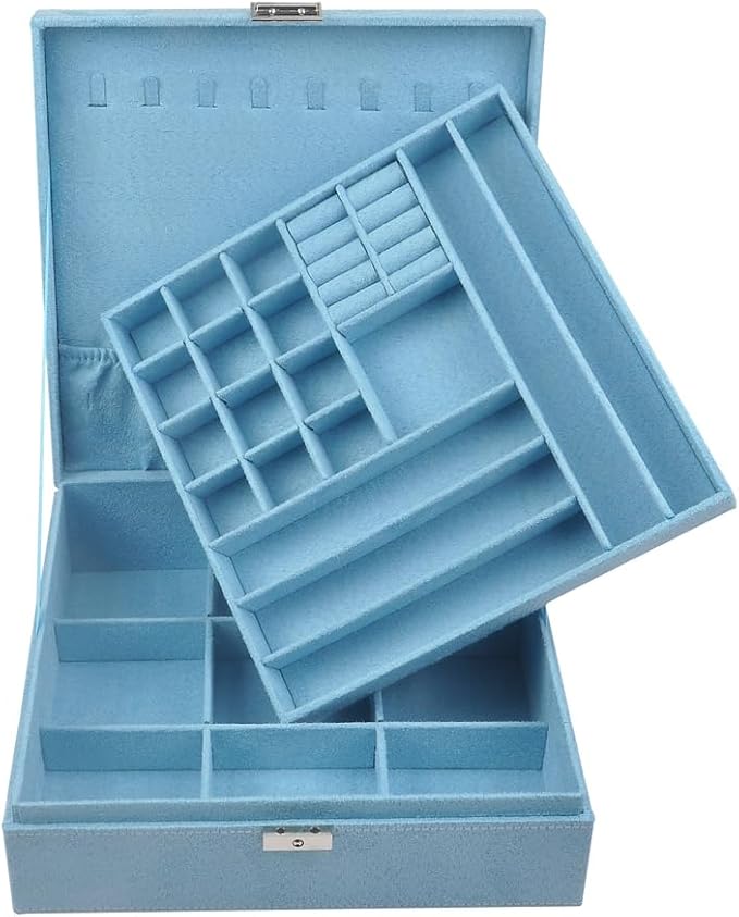 Jewelry Boxes 10 x 10 Inches 2-layer Handle Necklace Holder Organizer Jewellery Women Rings Storage Display Girls Earrings Case Lockable Jewelry Tray Blue GY641 (Blue, 2 Layer (3.34" H))