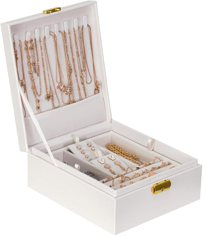 Prestige & Fancy 2 Layer Woman Jewelry Box, Jewelry Organizer For Woman, Men & Girls Large Case 8.5x7.5x3.3in | PU Leather Black Jewelry Gift Storage Boxes For Ring, Necklace & Bracelet With Lock