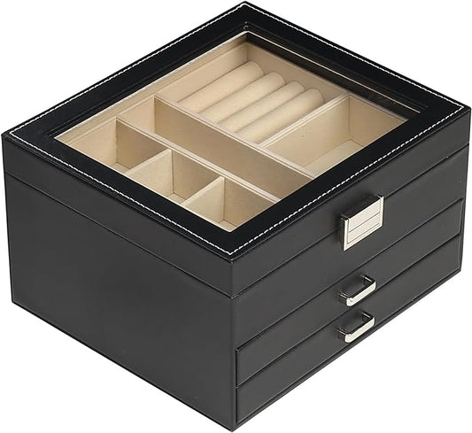 BOOVO Clear Lid Jewelry Box,3 Layers Jewelry Organizer Large Multi-Functional Jewelry Storage Box with 2 Drawers,Jewelry Display Case of Rings Earrings Necklace Bracelets for Women Girls (Black)