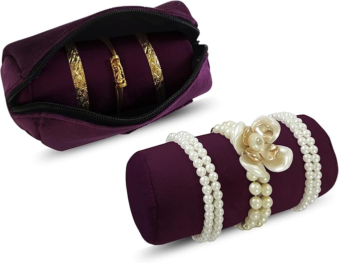 Velvet Bangle & Bracelet Organizers and Storage Small Jewelry Travel Organizer Roll, Compact Jewelry Case for Bangles, Bracelets, Watches(Dark Purple)