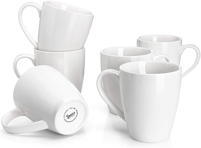 Sweese Porcelain Coffee Mugs - 16 Ounce - Set of 6, Cups for Latte, Hot Tea, Cappuccino, Mocha, Cocoa, White
