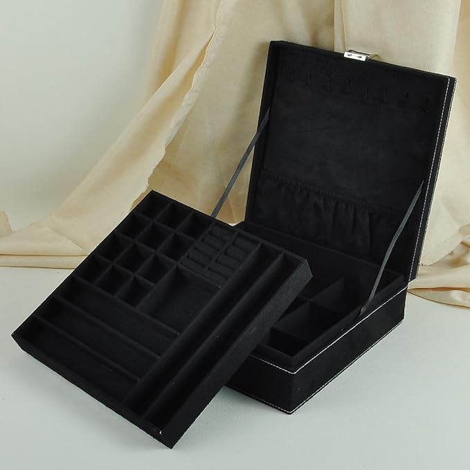 Jewelry Boxes 10 x 10 Inches 2-layer Handle Necklace Holder Organizer Jewellery Women Rings Storage Display Girls Earrings Case Lockable Jewelry Tray GY641 (Black)