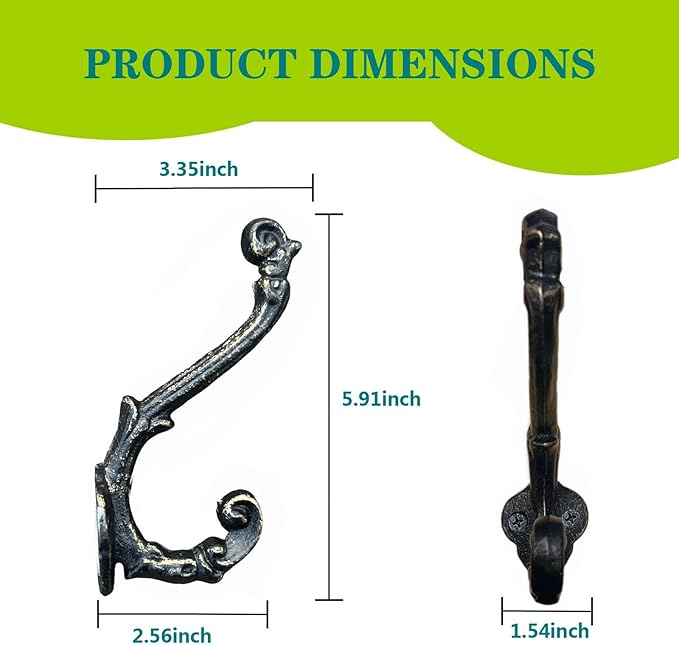 4 Pack Cast Iron Wall Hooks Antique Vintage Rustic Farmhouse Coat Hooks, Great for Coats, Bags, Towels, Hats, Mounting Screws Included