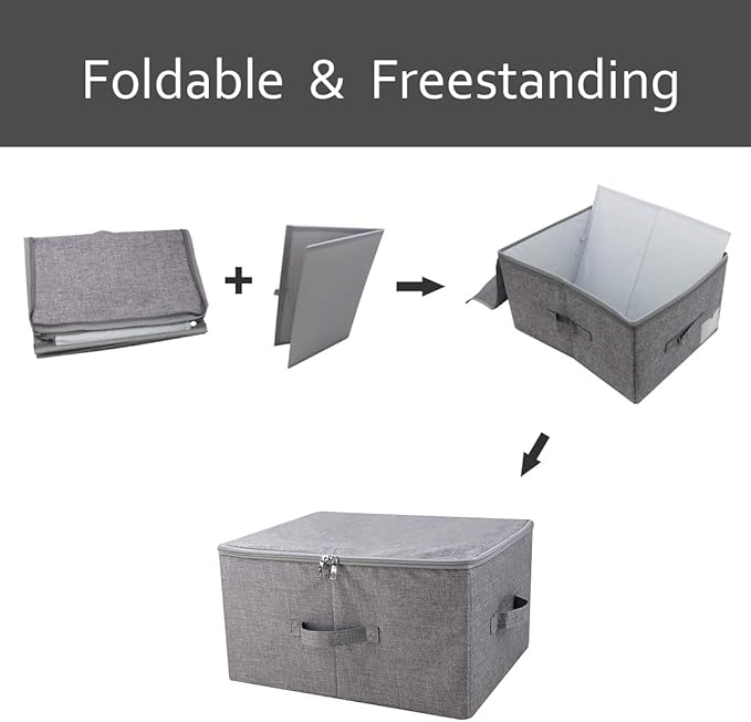 Pack of 3, 17.7 * 13.8 * 9.8" Stackable Folding Storage Baskets with Lid & Carry Handles & Memo Pocket, Good Wardrobe Separator Bins, Dark Gray