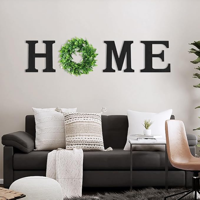 Wooden Home Sign with Artificial Green Wreath for O, Hanging Farmhouse Wall House Decor Wood Letters for Wall Art Rustic Home Decor, Wall Decor for Living Room Kitchen Entryway (Black)