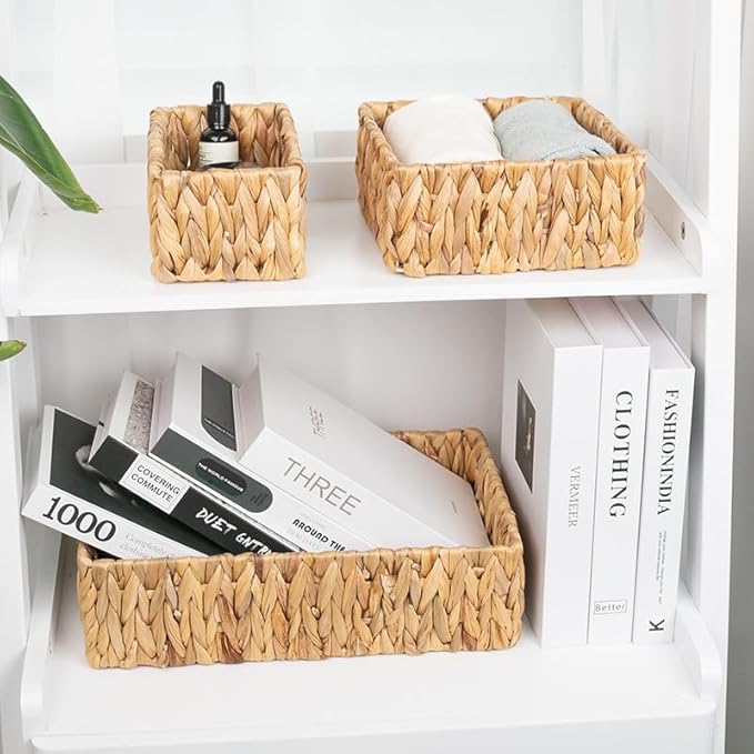 3 Pack Wicker Storage Basket, Natural Woven Water Hyacinth Storage Basket for Shelf Organizing
