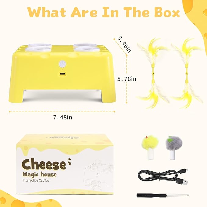 Interactive Cat Toy for Indoor Cats, 3 Modes Feathers Toy, Rechargeable 4 Holes Mole Cat Toys, Cheese Box for Kitten, 4 Accessories (Yellow)
