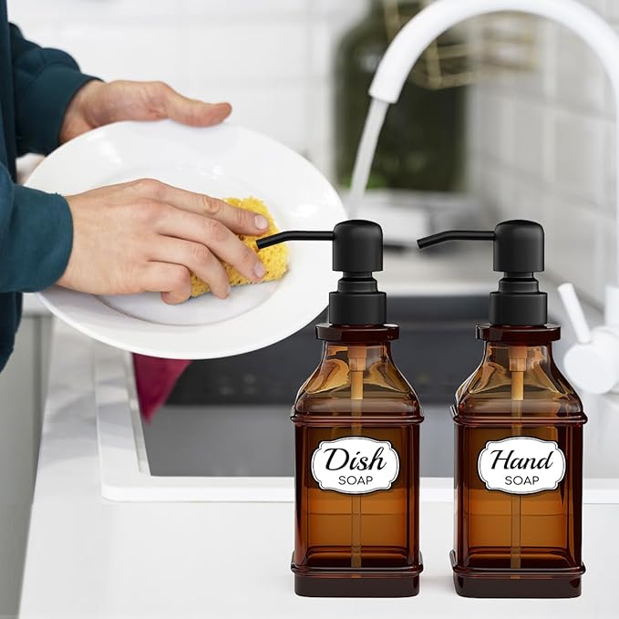 Soap Dispenser - 2 Pack, Antique Design Thick Amber Glass Hand Soap Dispensers with Sturdy Tray; 304 Rust Proof Stainless Steel Black Pump, 12Pcs Stickers, for Kitchen, Bathroom- Black