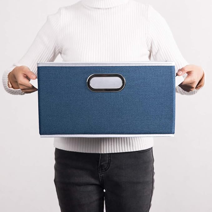 PRANDOM Large Collapsible Storage Baskets for Closet [3-pack] Decorative Fabric Storage Bins Cubes with Leather/Metal Handles for Shelves Bedroom Living Room Royal Blue (14.9x9.8x8.3 Inch)