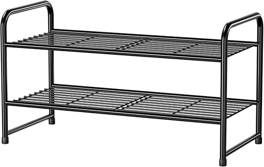 2 Tier Shoe Rack Closet, 27” Wide Stackable Metal Closet Shoe Organizer for Garage, Entryway, Heavy Duty, Black