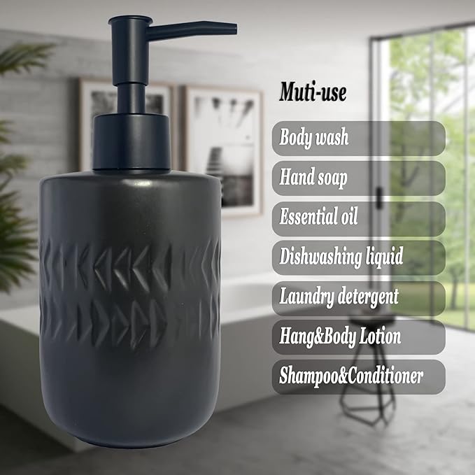 Black Soap Dispenser for Bathroom,Cylindrical Lotion Dispenser,12oz Ceramic Relief Hand Dish Soap Dispenser,Refillable Liquid Dispenser for Kitchen,Matte Black Pump(Relief Black)