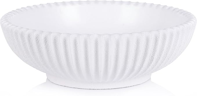 Resin Large Decorative Pedestal Bowl for Home Decor - White Ribbed Fruit Bowl For Kitchen Counter Or Table Decor - Key Bowl for Entryway Table Decor - Centerpiece Bowls for Keys, Fruit, Candy