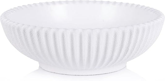 Resin Large Decorative Pedestal Bowl for Home Decor - White Ribbed Fruit Bowl For Kitchen Counter Or Table Decor - Key Bowl for Entryway Table Decor - Centerpiece Bowls for Keys, Fruit, Candy
