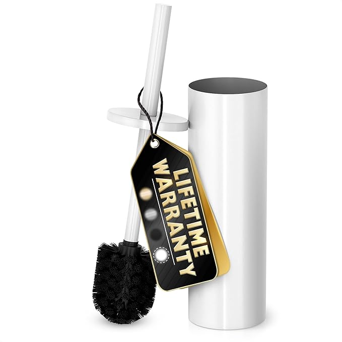 Stainless Steel Toilet Brush and Holder Set White - Long Handle Toilet Bowl Cleaner Brush and Holder - Removable Inner Liner, Shiny Design, Splash Protection & Dense Bristles for Bathroom Cleaning