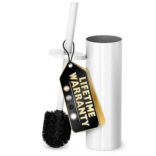 Stainless Steel Toilet Brush and Holder Set White - Long Handle Toilet Bowl Cleaner Brush and Holder - Removable Inner Liner, Shiny Design, Splash Protection & Dense Bristles for Bathroom Cleaning