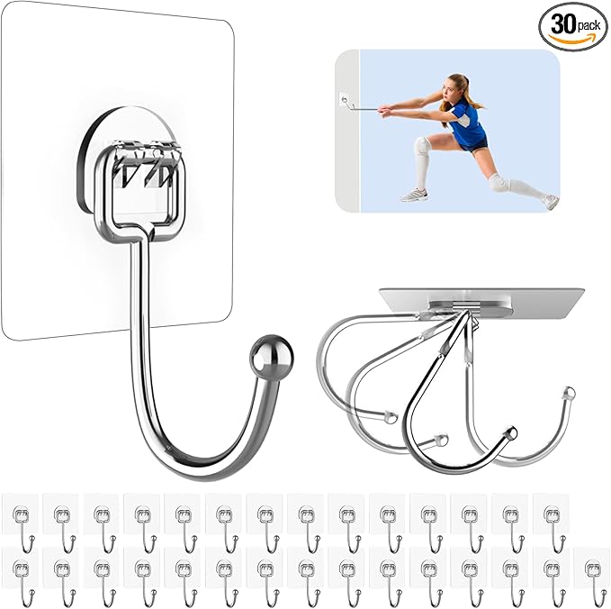 Large Adhesive Hooks for Hanging Heavy Duty 44 lb(Max) 30 Pack, 304 Stainless Steel Self Adhesive Sticky Hooks Waterproof Wall Hook for Home Bathroom Shower Kitchen Outdoor Utility Hook