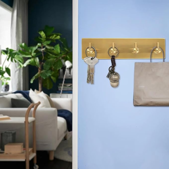 Self Adhesive Key Hook Rack with 4 Hooks for Keys, Masks - Wall Mounted Entryway, Hallway Hanger - Gold