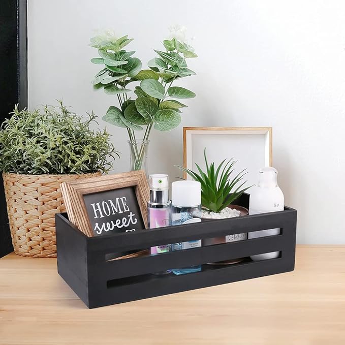 LotFancy Bathroom Decor Box, 2 Pack Wooden Toilet Paper Holder, Black Toilet Tank Basket, Back of Toilet Storage Basket, Farmhouse Toilet Tank Topper