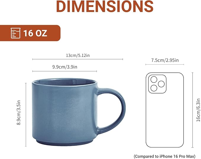 Ceramic Coffee Mugs, 16 oz Big Size for Oatmeal, Bosmarlin Matte Blue, Birthday Gifts, Dishwasher & Microwave Safe, Daily Office and Home Use