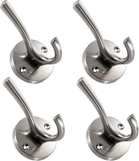 4 Pack Brushed Nickel Coat Hooks - Silver Robe & Towel Hooks for Bathrooms & Kitchen