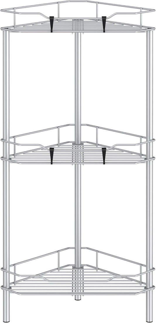 3 Tier Floor Standing Corner Shower Caddy Organizer Shelf with Hooks, Bathroom Shelves Stand Rack, Silver