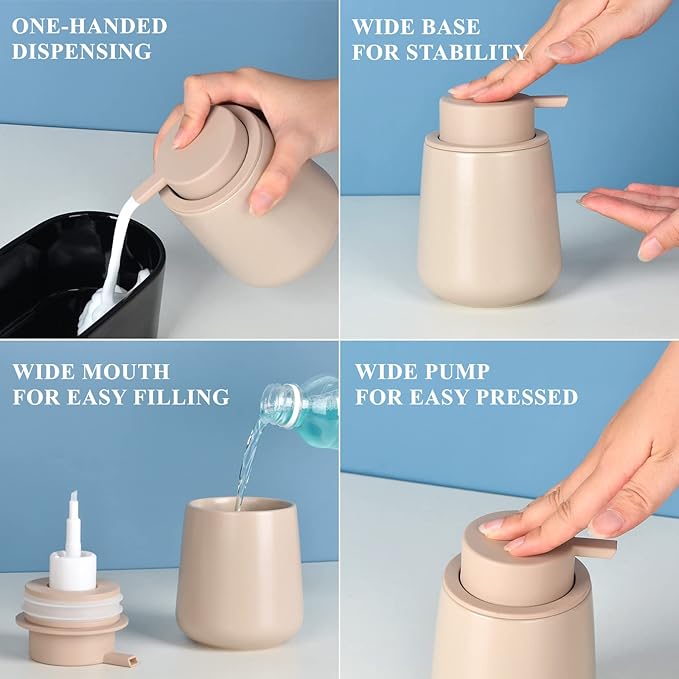 BosilunLife Foam Hand Soap Dispenser - 12 oz Bathroom Lotion Pump for Kitchen and Hand Wash - Khaki Ceramic Dish Liquid Dispenser