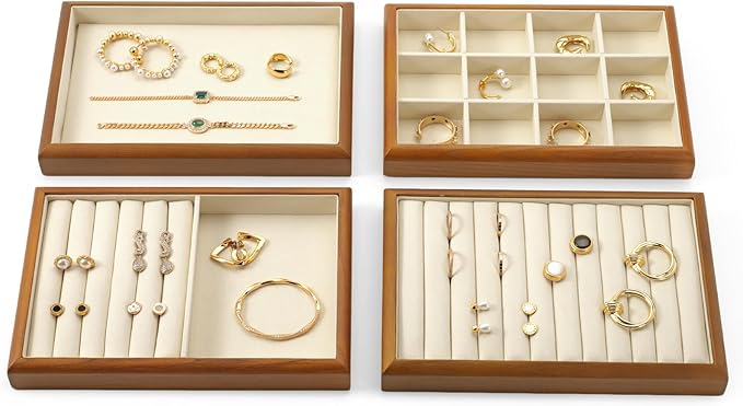 Oirlv Solid Wood 11 Slots Ring Tray Jewelry Organizer Tray Jewelry Drawer Organizer(Creamy-white)