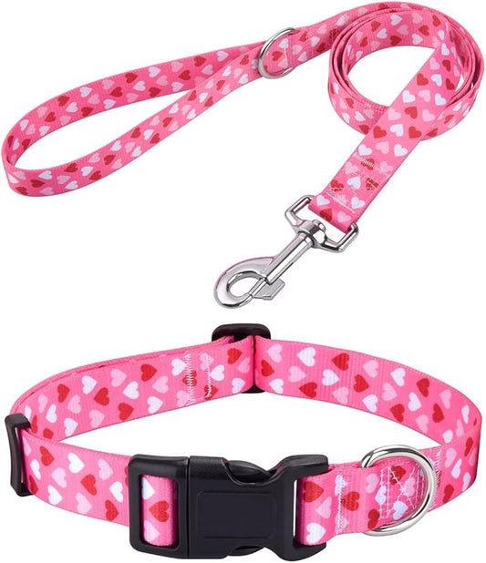 Dog Collar and Leash Set - Adjustable Heart Dog Collar - Love Theme - Perfect for Small Medium Large Dogs(Pink Heart Set,L)