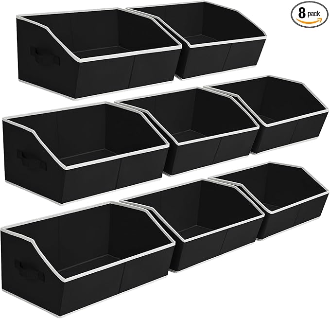 Closet Baskets for Shelves Trapezoid - Decorative Storage Baskets with Handle, Closet Bins for Organization, Shelf Storage Bins for Clothes, Books, Home, Office, 8 Pack, Black