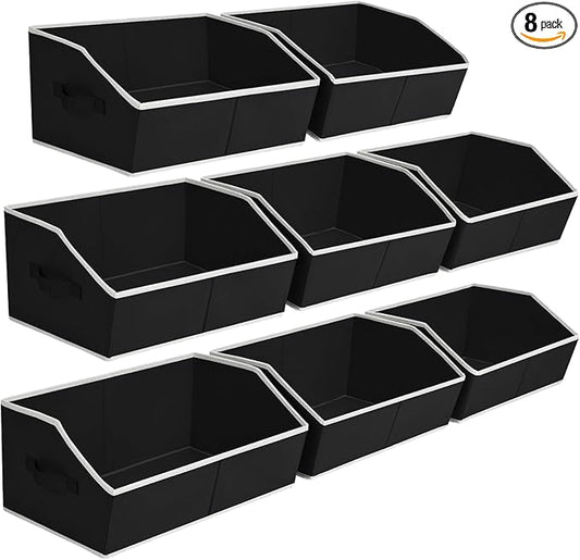 Closet Baskets for Shelves Trapezoid - Decorative Storage Baskets with Handle, Closet Bins for Organization, Shelf Storage Bins for Clothes, Books, Home, Office, 8 Pack, Black