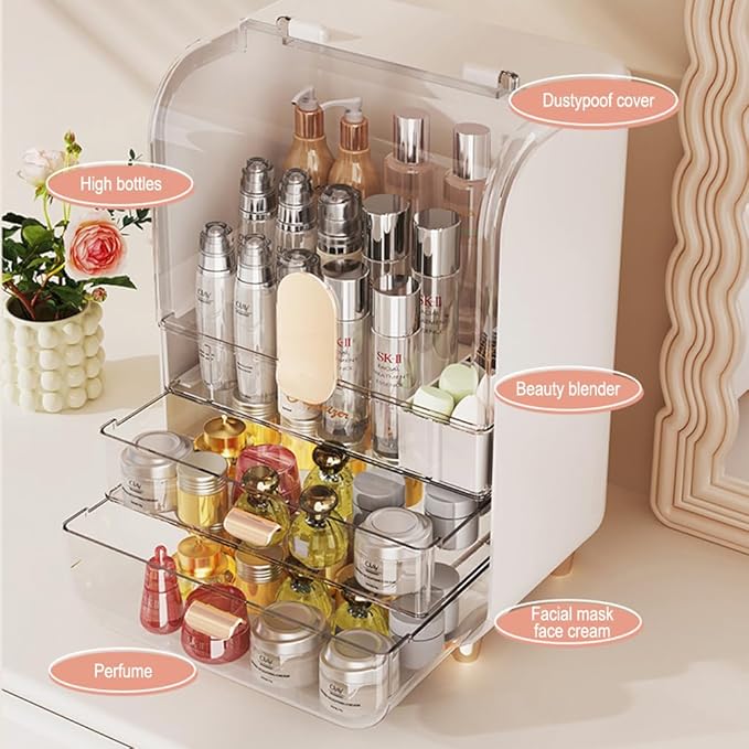 Makeup Organizer for Vanity, Large Capacity Cosmetic Organizer Trendy Stuff, Clear Cosmetic Display Case with Flip-top Lid and 2-Tier Drawer for Bathroom Countertop, Bedroom Dresser (White)