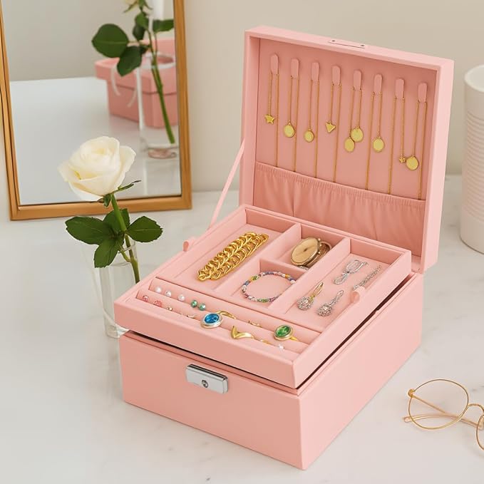 2 Layer Jewelry Box, Jewelry Organizer For Woman, Men & Girls Large Case 8.5x7.5x3.3in | PU Leather Jewelry Gift Storage Boxes For Ring, Necklace & Bracelet With Lock (Pink)