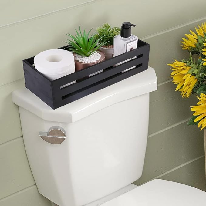 LotFancy Bathroom Decor Box, 2 Pack Wooden Toilet Paper Holder, Black Toilet Tank Basket, Back of Toilet Storage Basket, Farmhouse Toilet Tank Topper
